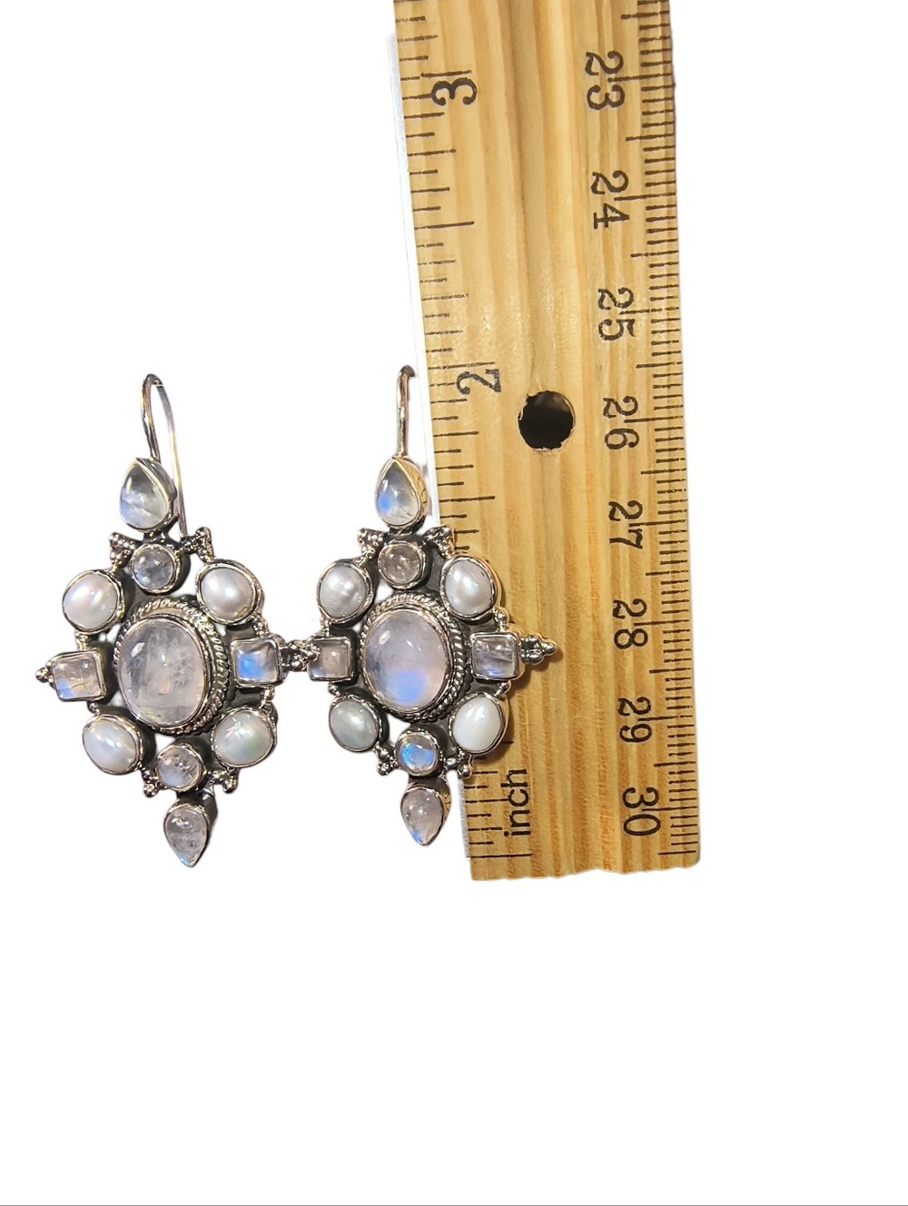 Rainbow Moonstone And White Pearl Large Cluster Drop Earrings Brand New - Picture 3 of 9